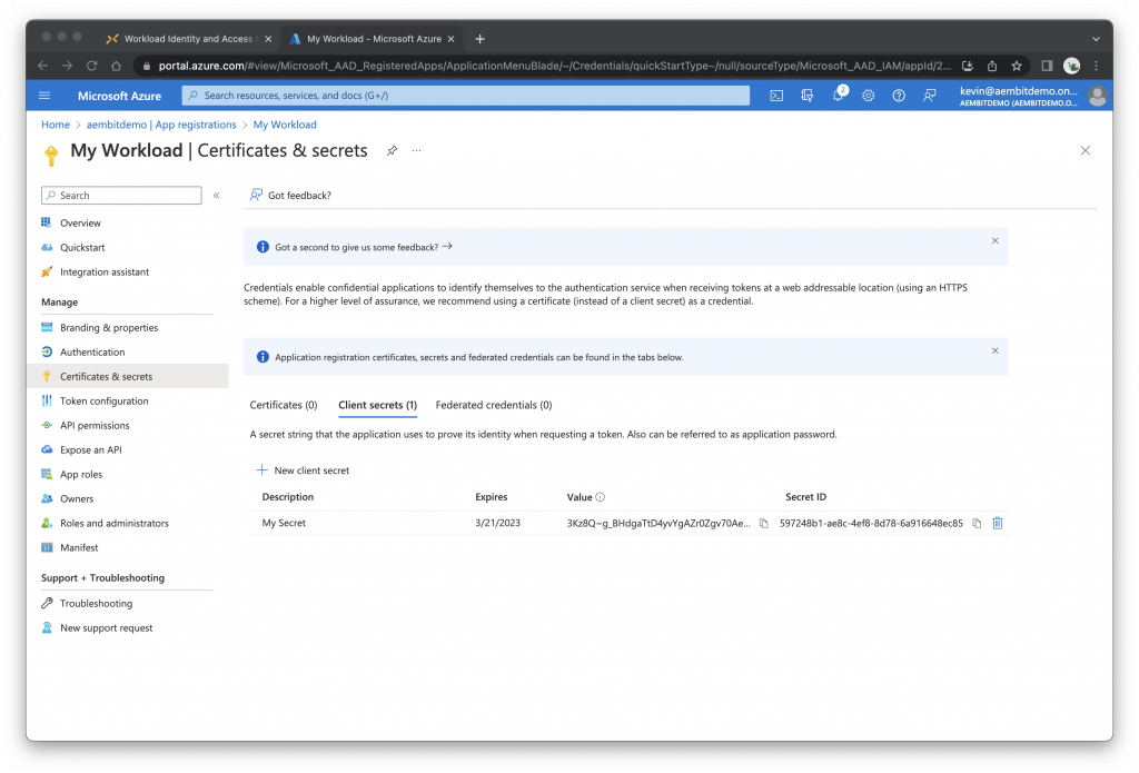 Microsoft Azure New client secret screenshot