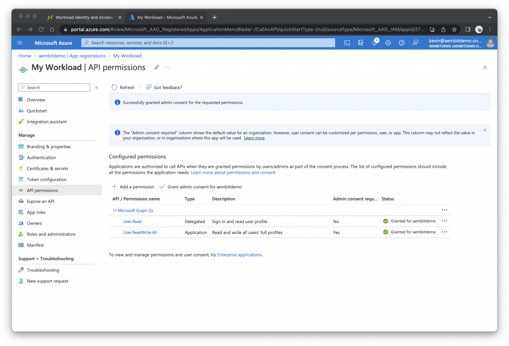 Microsoft Azure grant admin consent screenshot