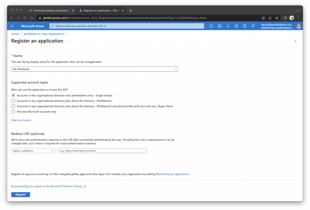 Microsoft Azure app registration page screenshot