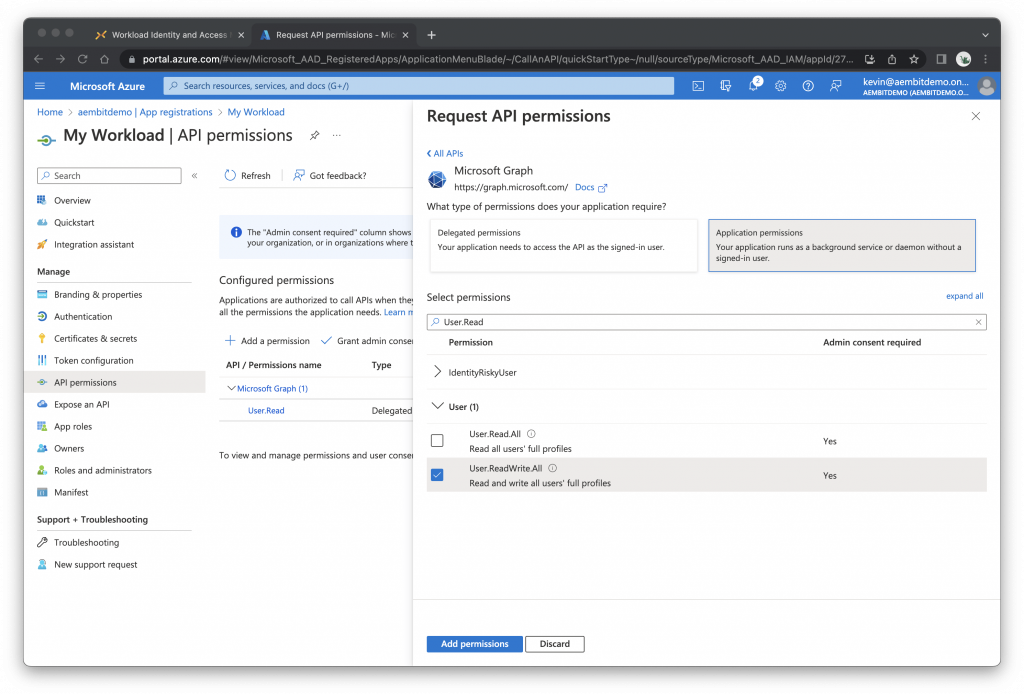 Microsoft Azure Application Permission screenshot