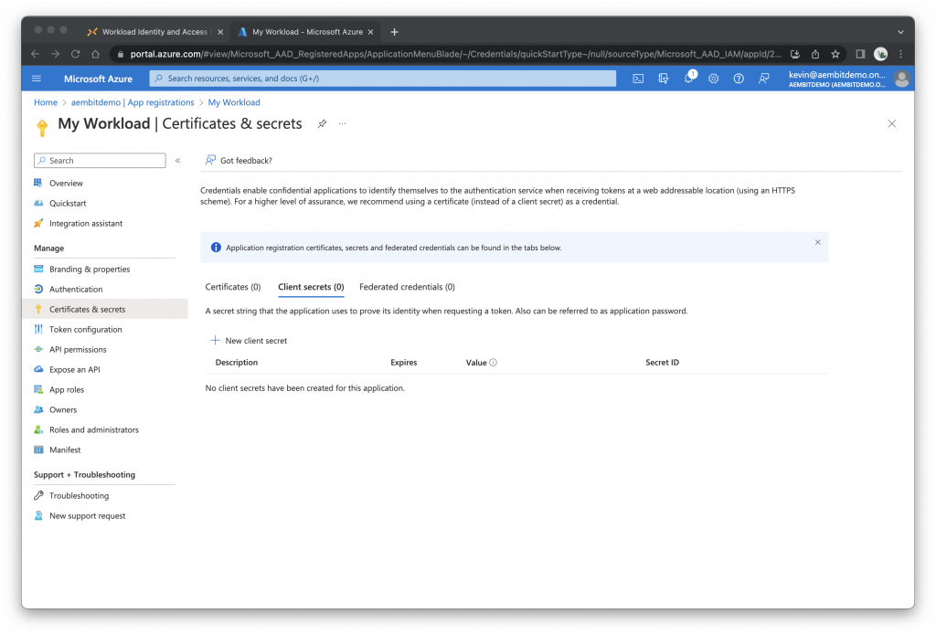 Microsoft Azure add a certificate or secret screenshot