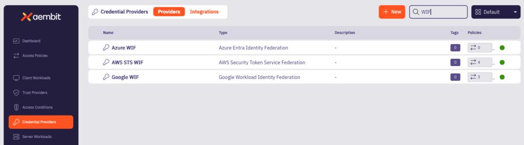 Aembit interface showing how to configure workload identity federation for each one of your cloud service providers.