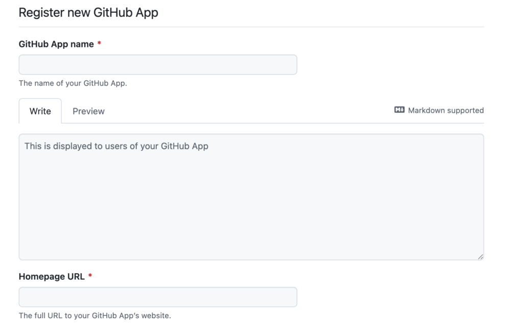 Register a new Github app screen