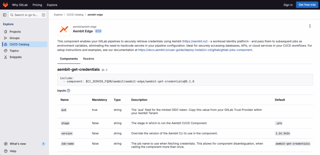 Aembit GitLab component screenshot.