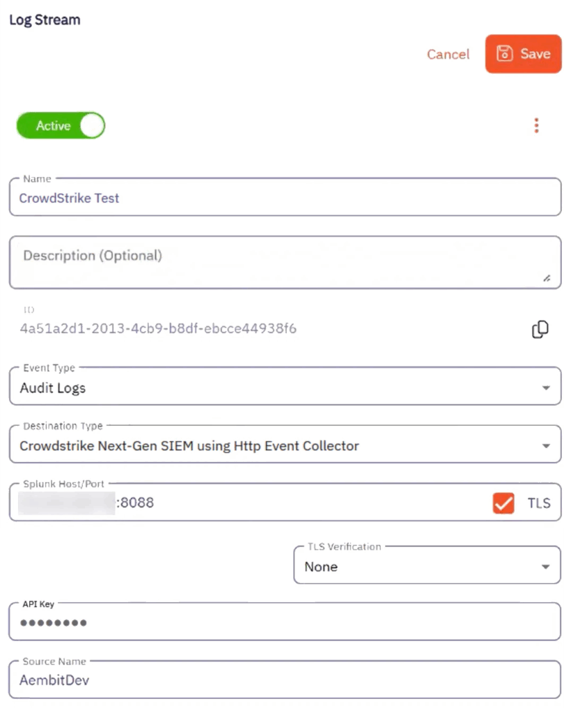 Configuration of Aembit Log Streams capabilities with direct support for CrowdStrike Next-Gen SIEM using the HTTP Event Collector (HEC) protocol.