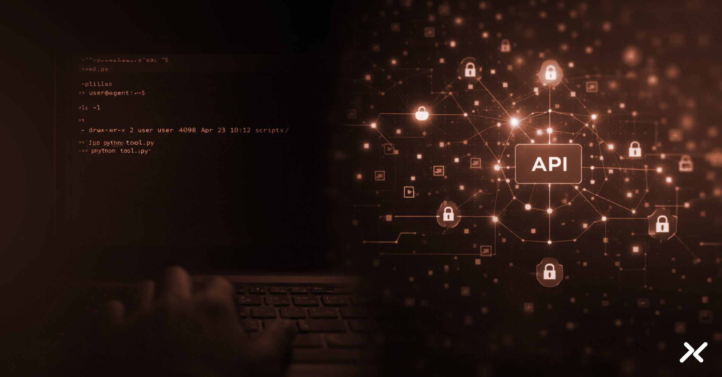 Split-screen image: on the left, a person types commands into a dark terminal window; on the right, a person interacts with a glowing, abstract API network interface representing connected services.