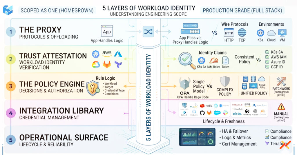 Infographic showing five layers of workload identity architecture, comparing a narrowly scoped homegrown approach with a production-grade stack across proxying, trust attestation, policy enforcement, integration management, and operational reliability.