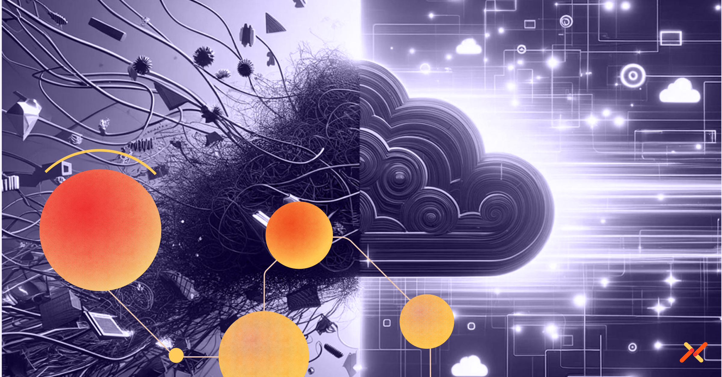 Split illustration showing chaotic tangled infrastructure on one side and a clean, structured cloud architecture diagram on the other.