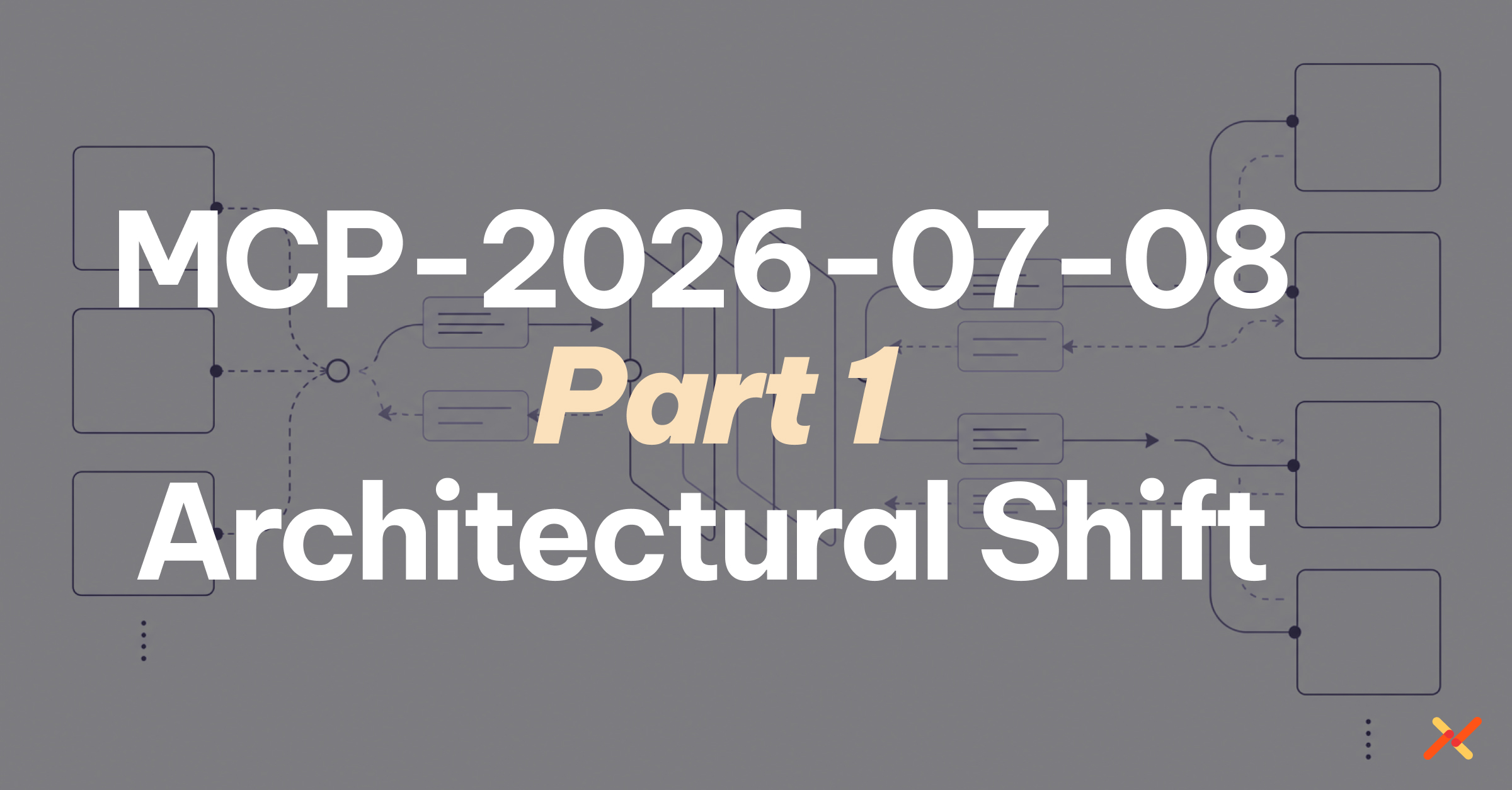 Graphic for Part 1 of a series on the MCP 2026-07-28 specification, titled “Architectural Shift,” over a simplified protocol flow diagram showing multiple endpoints connected through a central routing layer.