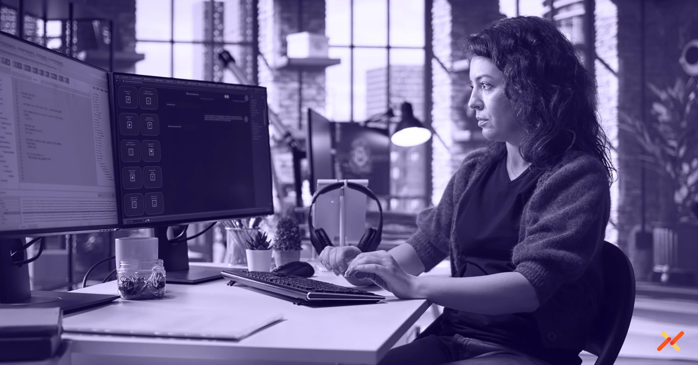 Software engineer seated at a desk in a modern office, reviewing responses from an AI assistant on a laptop while working across multiple monitors in a natural, candid workplace setting.