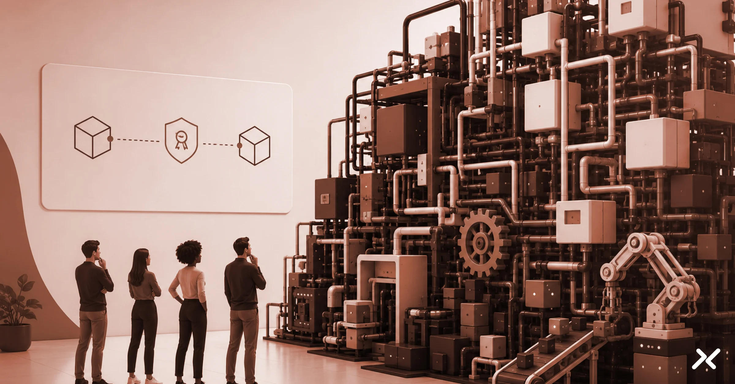 Illustration of four professionals comparing a simple workload identity diagram with a large, complex engineering system of pipes, modules and machinery.
