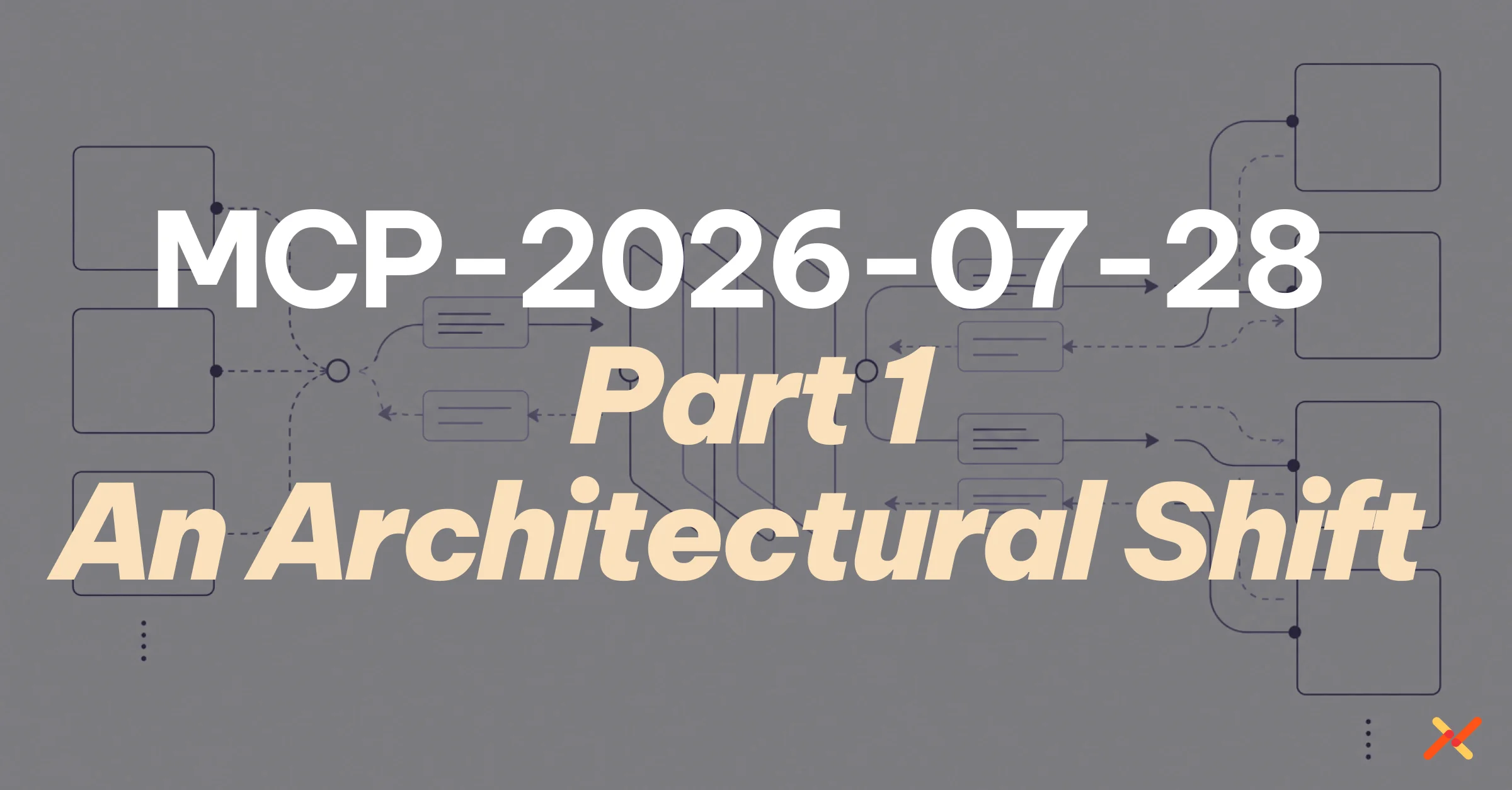 Diagram-style graphic with branching flow lines and boxes behind the text “MCP-2026-07-28 Part 1: An Architectural Shift,” with Aembit branding in the lower-right corner.