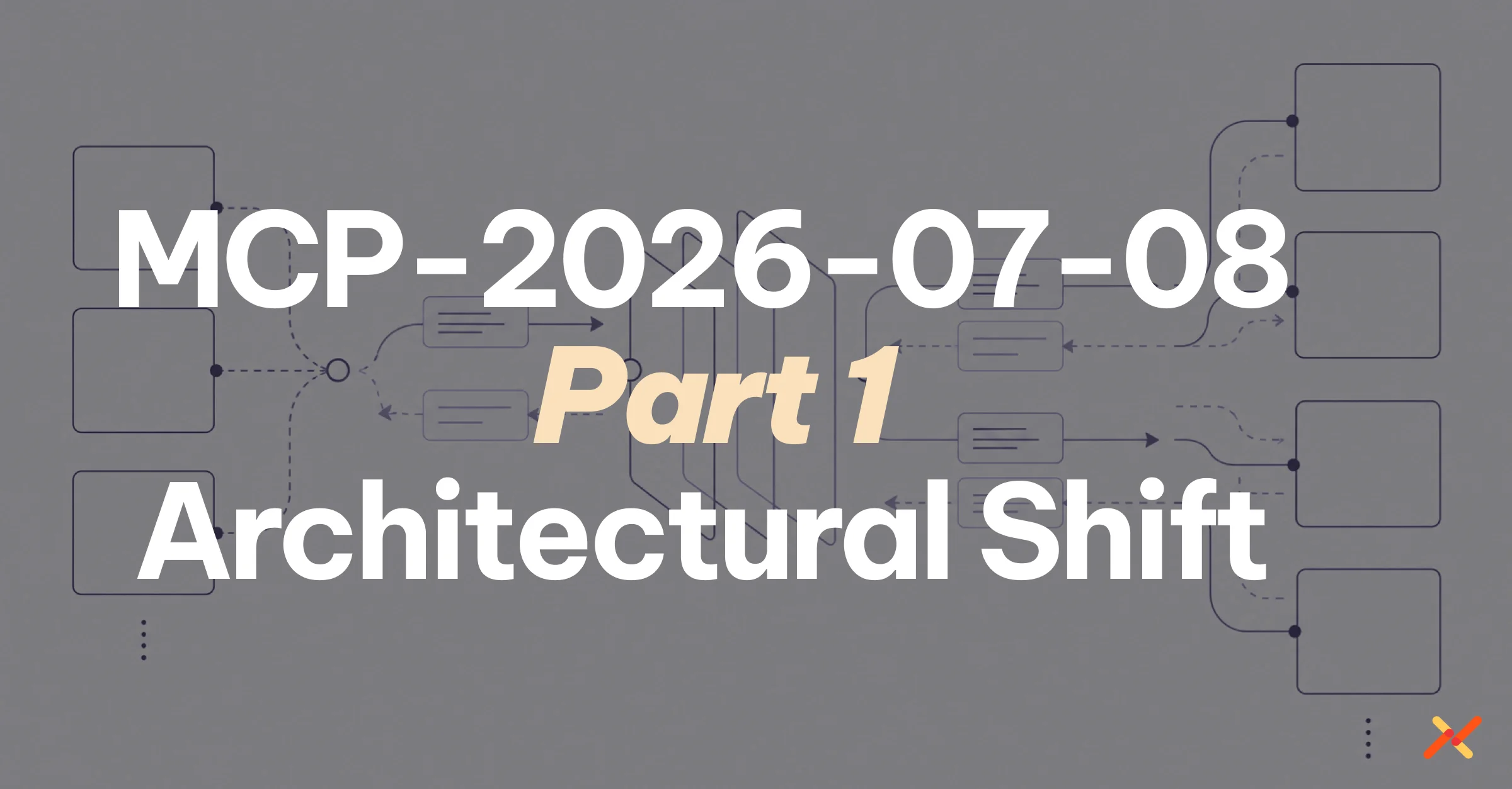 Graphic for Part 1 of a series on the MCP 2026-07-28 specification, titled “Architectural Shift,” over a simplified protocol flow diagram showing multiple endpoints connected through a central routing layer.