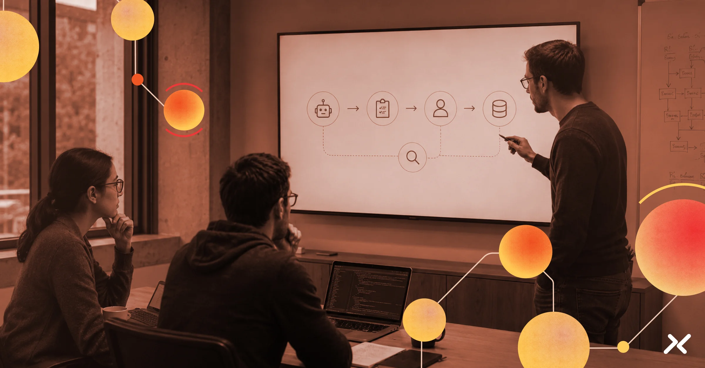 A team of engineers reviews an AI agent authorization flow on a conference room display.