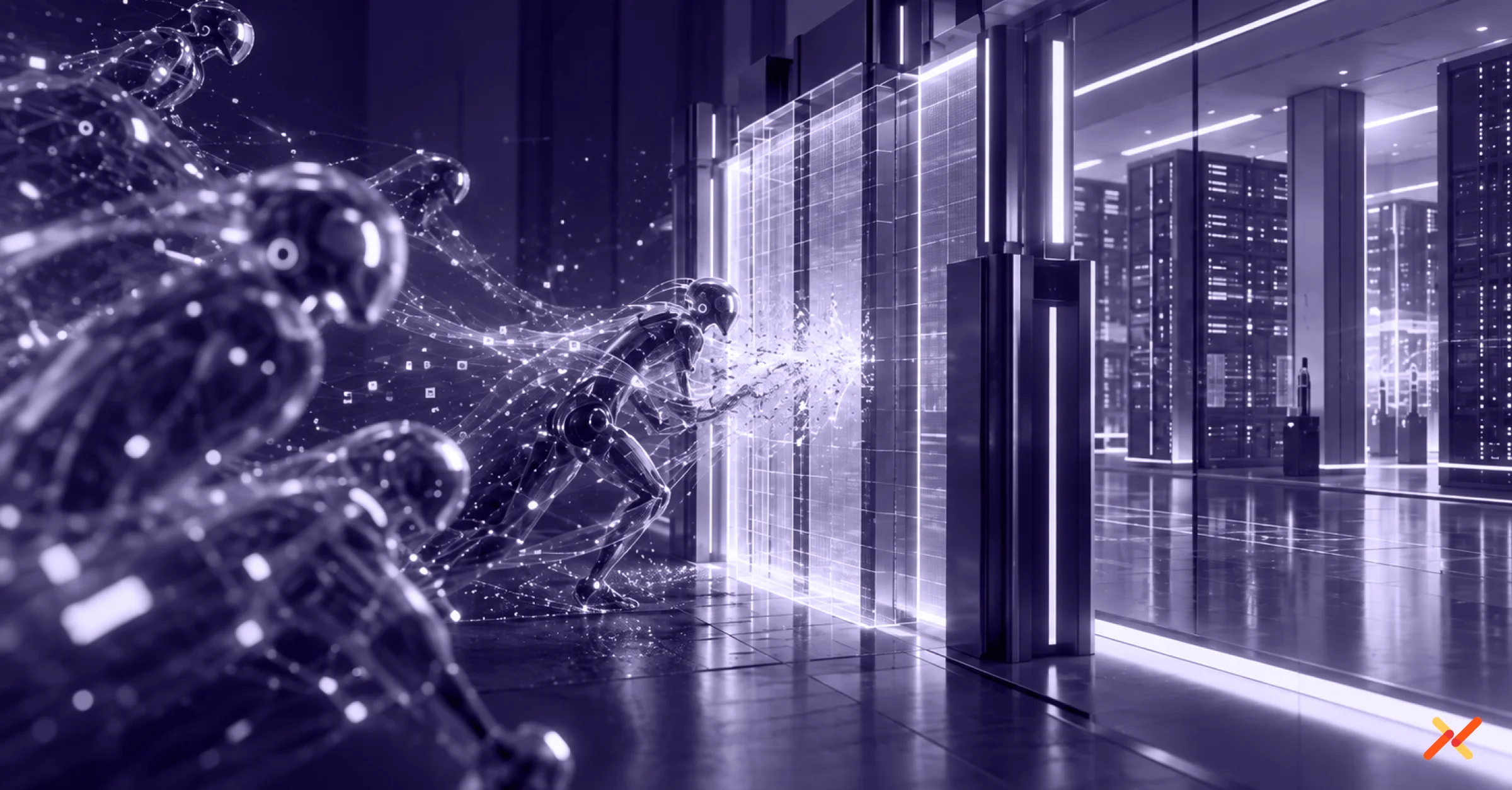 A swarm of futuristic AI humanoids rushes a glowing security barrier at the entrance to a brightly lit data center, visually representing agents pushing past authorization controls.