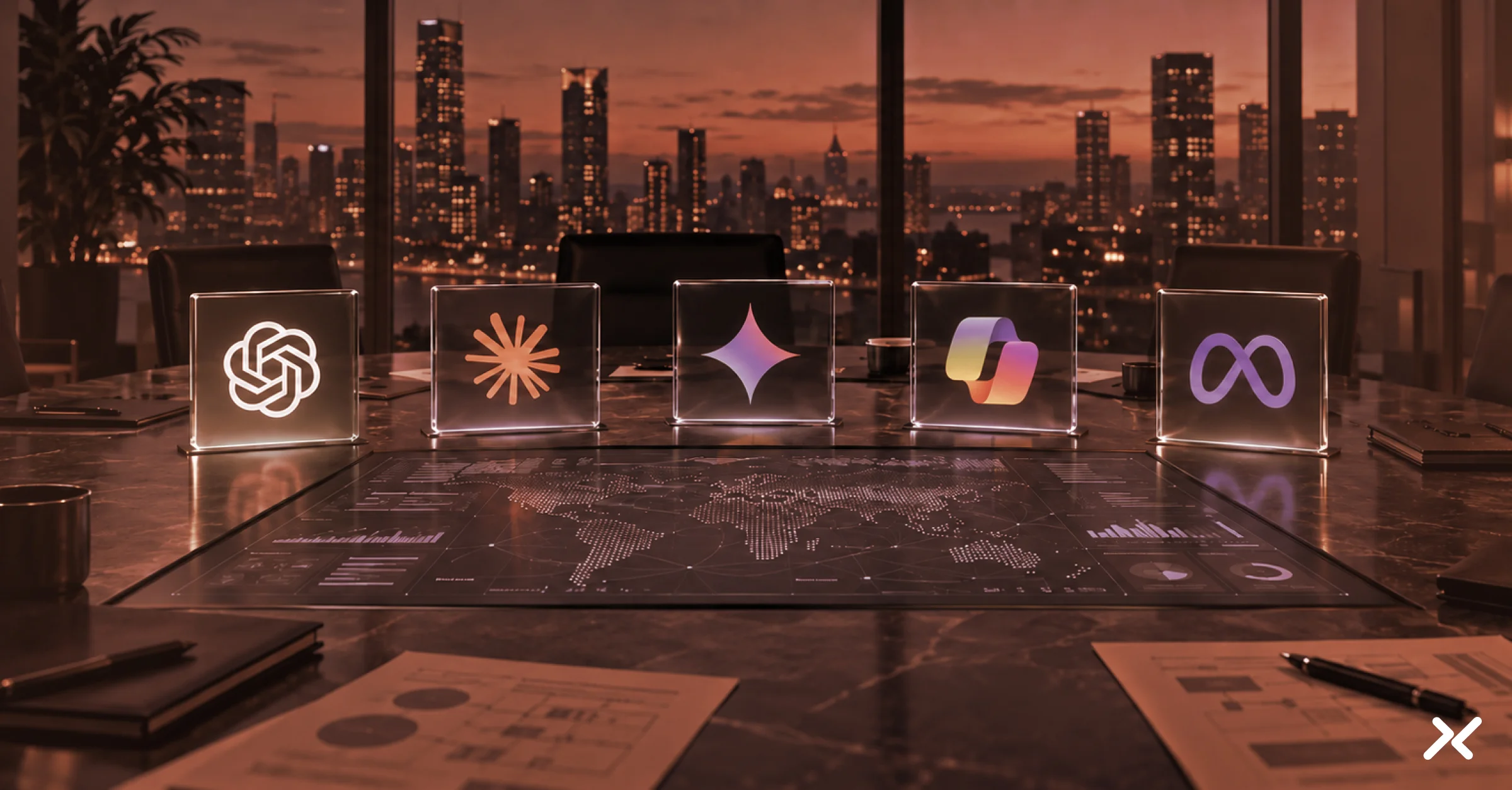 OpenAI, Claude, Gemini, Microsoft Copilot, and Meta AI logos displayed in a conference room overlooking a city skyline.