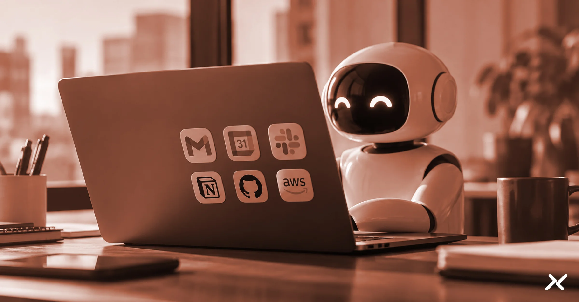 AI agent working at a laptop with access to workplace apps including email, calendar, Slack, Notion, GitHub, and AWS.