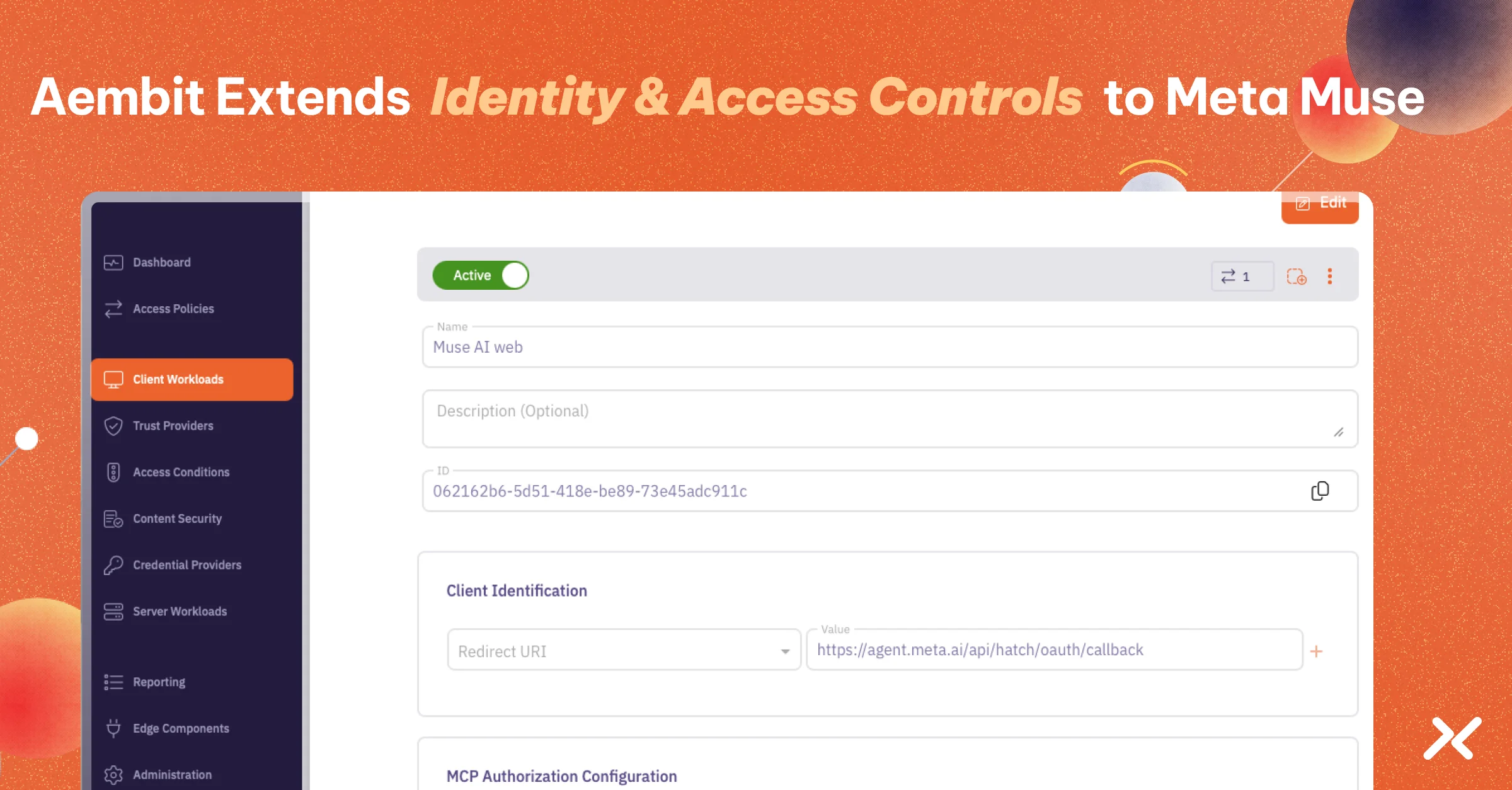 Aembit interface showing a Meta Muse client workload configured with OAuth redirect settings and MCP authorization controls.